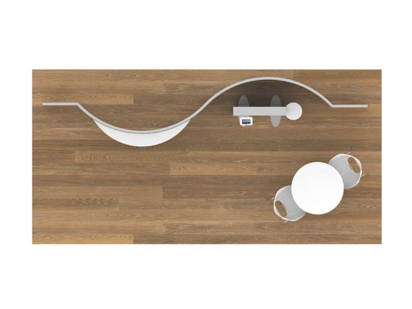 White curved minimalist shelf with integrated lighting in 10x20 Eco-Modular Exhibit Kit