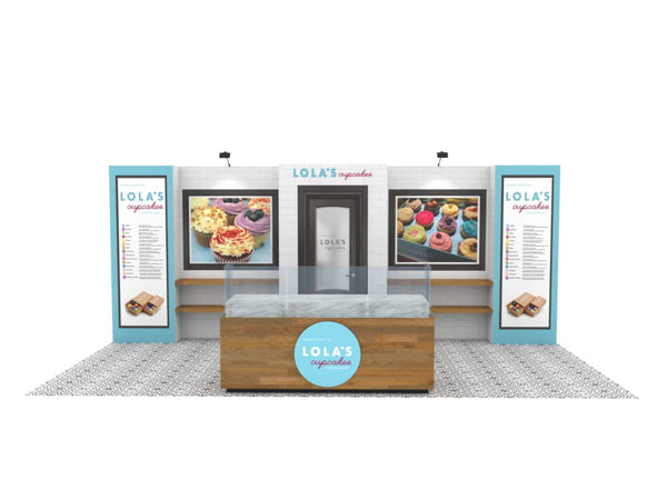 Lolas Cupcakes blue logo on wooden counter in 10x20 eco modular shelving kit