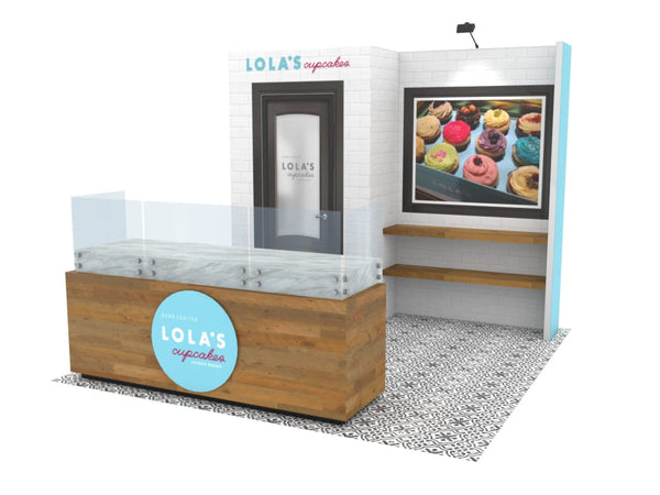 Lola’s Cupcakes logo on clear acrylic top of 10x20 Eco-Modular Shelving Exhibit Kit