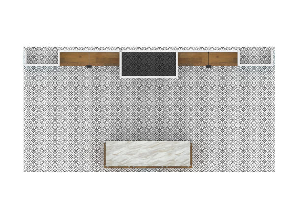 White marble-top bench with wooden frame in 10x20 Eco-Modular Shelving Exhibit Kit 19