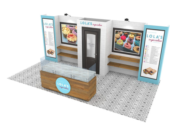 Lolas Cupcakes logo on wooden glass counter in 10x20 Eco-Modular Exhibit Kit