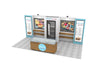 Wooden counter with light blue logo on marble-like top for 10x20 Eco-Modular Shelving Exhibit Kit 19