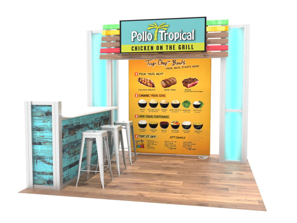 Pollo Tropical grilled chicken menu board with vibrant yellow background