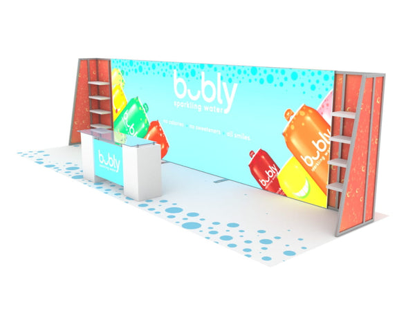 Bubly sparkling water booth with turquoise backdrop and colorful cans
