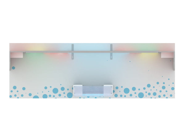 White minimalist reception desk in 10x30 Eco-Modular Backlit Shelving Exhibit Kit 01