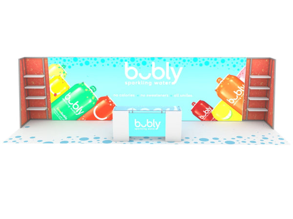 Modern 10x30 Eco-Modular Backlit Bubly Booth with Red Shelving