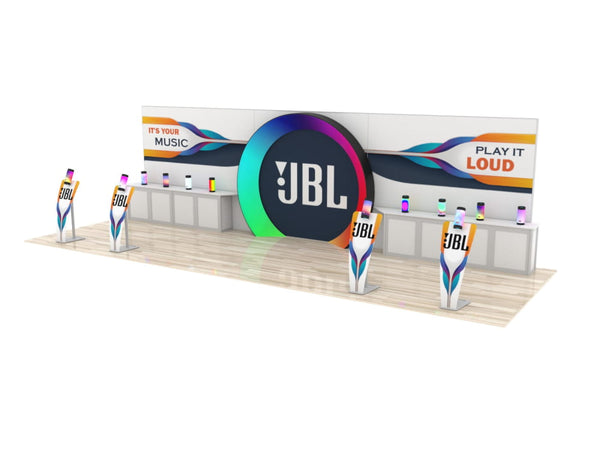 JBL audio display stand with colorful wave graphics in 10x30 Eco-Modular Backlit Exhibit Kit 02