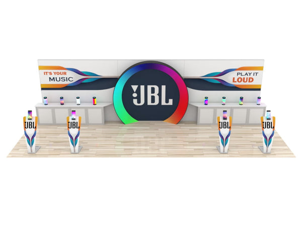 JBL logo on rainbow-ring circular display in 10x30 Eco-Modular Backlit Exhibit Kit 02