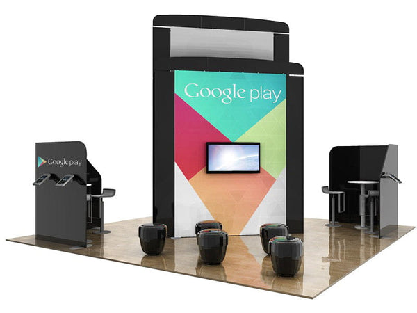 Black Google Play trade show booth with colorful geometric ecoSmart Island Backlit display