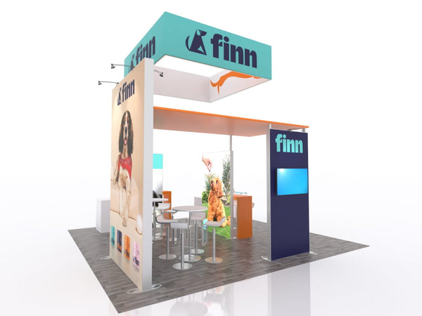 Teal and white ecoSmart Backlit Island booth with dog imagery