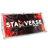 Sleek silver-framed Foundation Outdoor Banner Stand with Staveverse Football on fiery red-black background