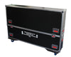Heavy-duty road case for 60-65 inch LCD/LED TVs with black frame, silver edges, red latches, blue wheels
