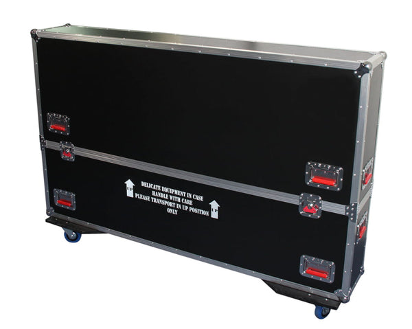 Heavy-duty road case for 60-65 inch LCD/LED TVs with black frame, silver edges, red latches, blue wheels