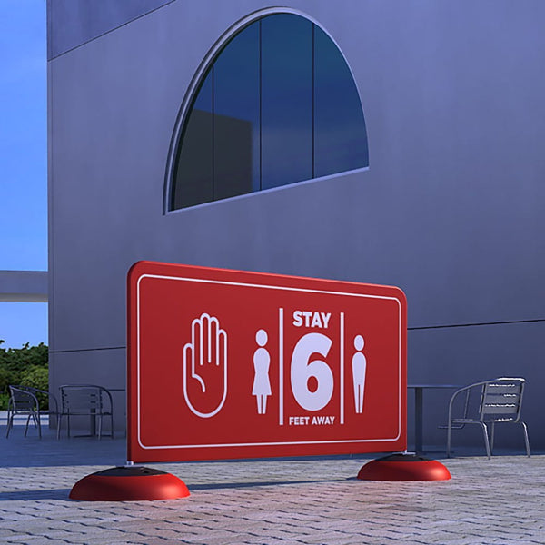 Red rectangular stay 6 feet away sign for crowd control barriers