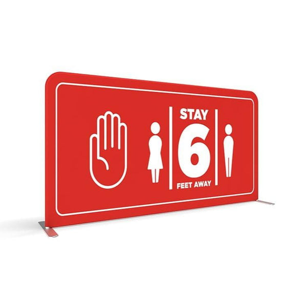 Red rectangular stay 6 feet away sign with hand and person icons for crowd control