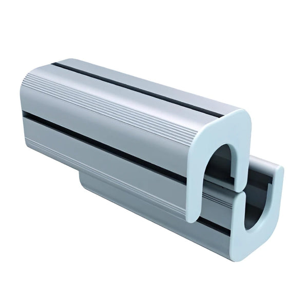 Medium Double Clamp: silver aluminum U-shaped rail connector with grooved texture and black accents