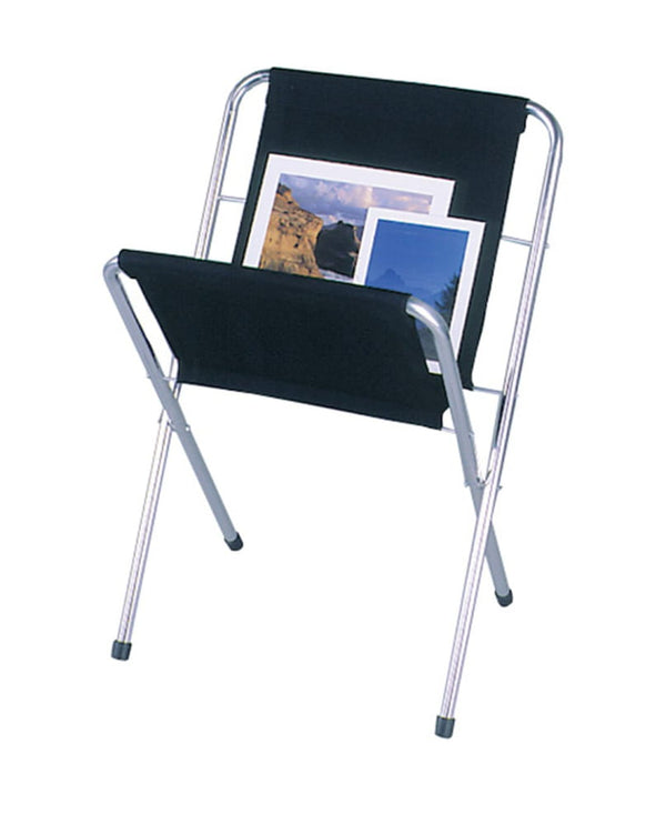 Black fabric magazine rack with silver metal frame in Metal Print Racks