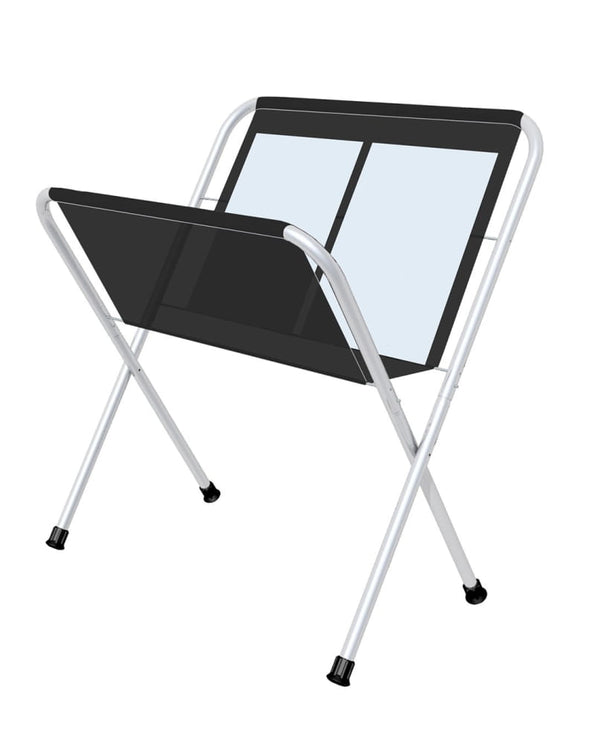 Black mesh magazine rack with silver frame and rubber feet