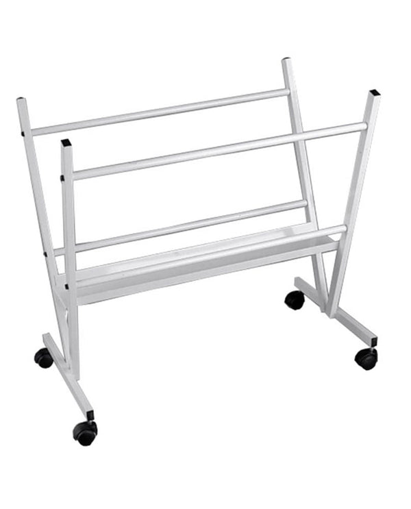 Silver metal rolling rack with four black caster wheels for Metal Print Racks
