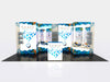 Kalena sparkling coconut water cans in sleek white and blue geometric packaging on 10x10 VHE modular exhibit kit