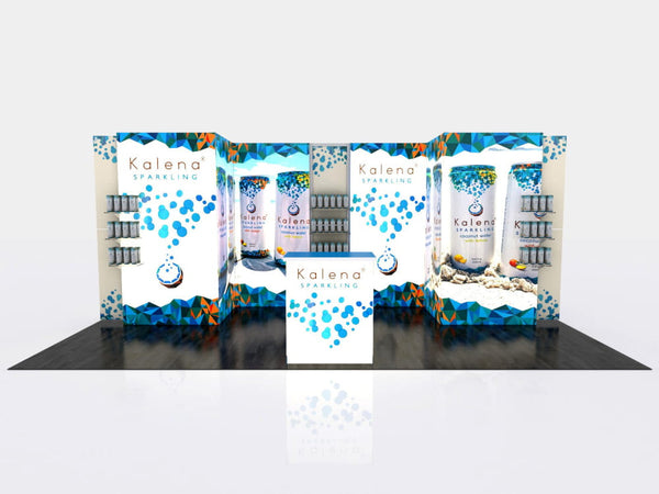Kalena sparkling coconut water cans in sleek white and blue geometric packaging on 10x10 VHE modular exhibit kit