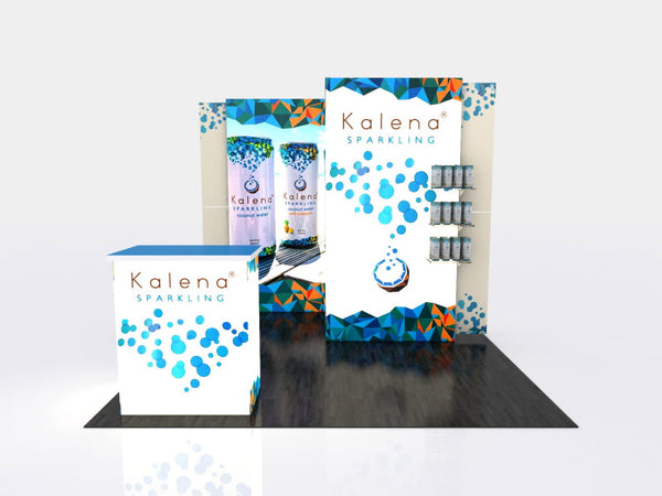 Kalena sparkling mineral water display in 10x10 VHE-Modular Inline Exhibit Kit with blue and white geometric bubble designs