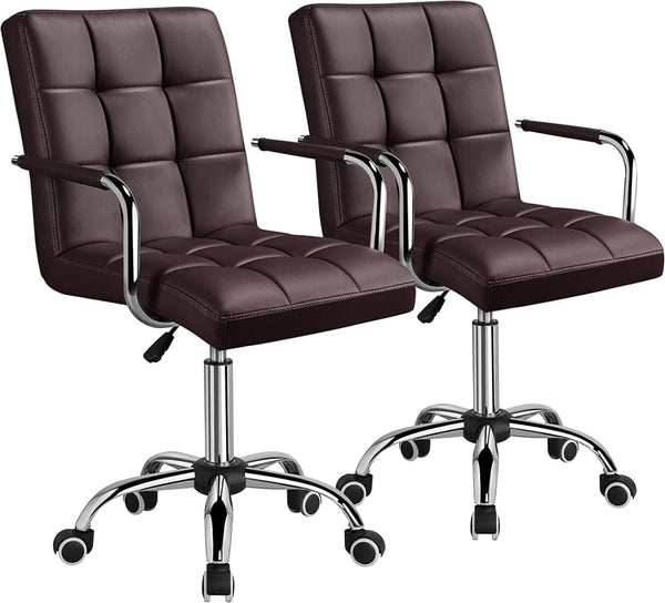 Modern Leather Computer Desk Swivel Chair with Armrests and Wheels - Set of 2 / Brown