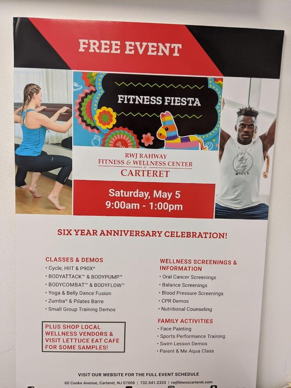 Red and black poster for free fitness event at RWJ Rahway Fitness & Wellness Center
