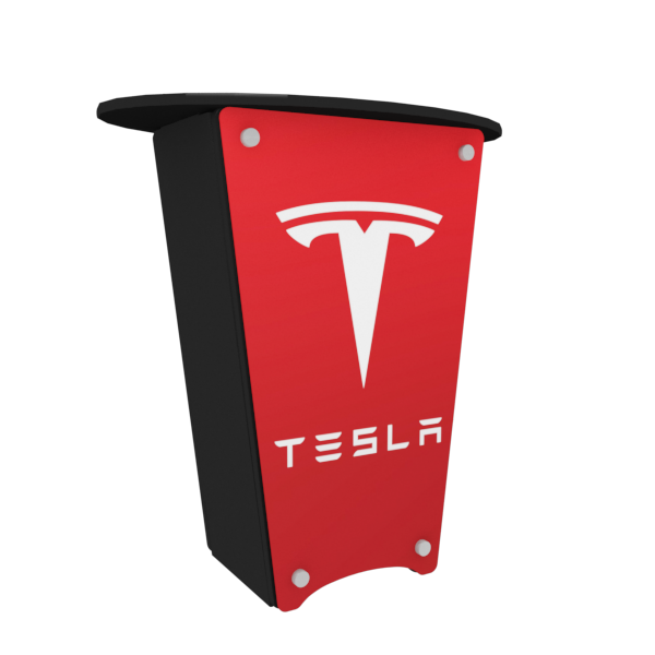 Red and black Tesla-branded podium with bold white logo on N1 Locking Storage Counter
