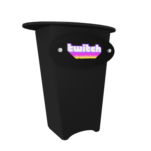 Black Twitch-branded plastic trash can in N1 Locking Storage Counter