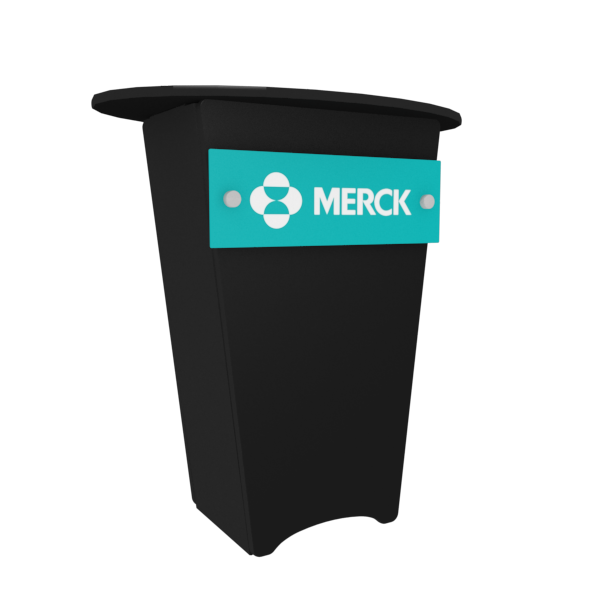 Black plastic podium with teal Merck logo on N1 Locking Storage Counter