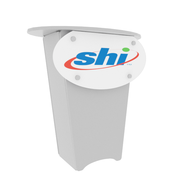 White plastic podium with shi logo on N1 Locking Storage Counter