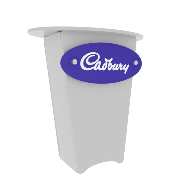 White Cadbury chocolate cup with purple logo on N1 storage counter