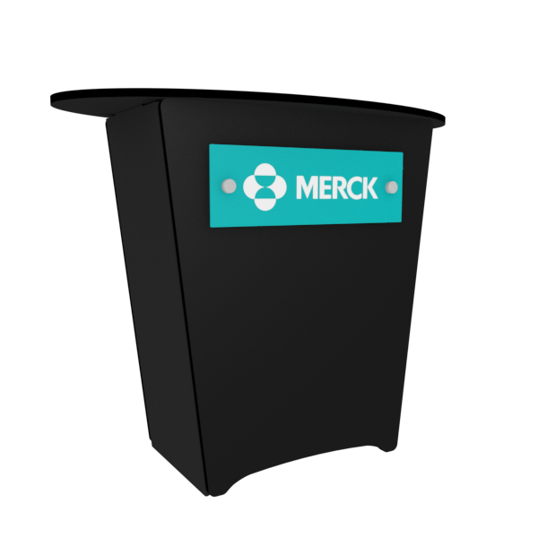 Black Merck podium with teal logo on N1L locking storage counter