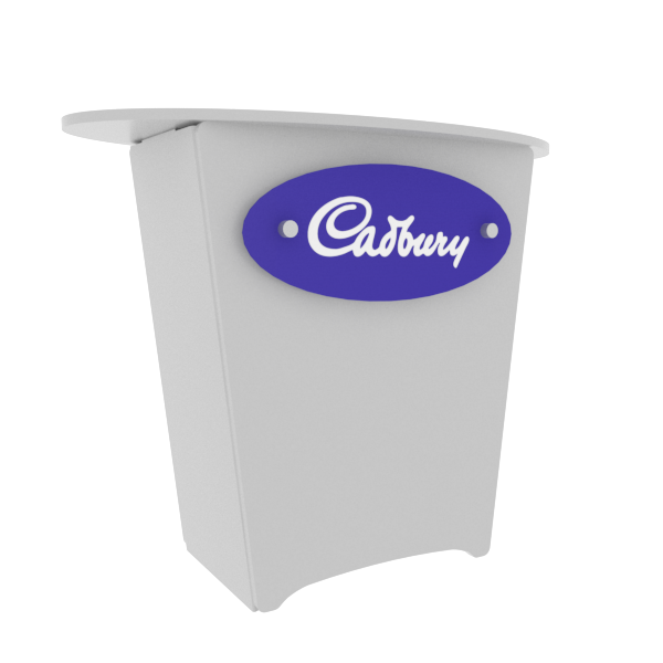 White Cadbury chocolate display stand with purple logo in N1L Locking Storage Counter