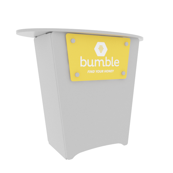 White Bumble podium with yellow logo on N1L Locking Storage Counter