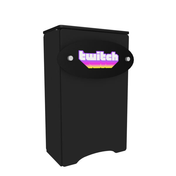 Twitch-branded black box with glowing purple yellow logo in N3 Locking Storage Counter