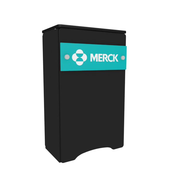 Black rectangular Merck box with teal label on N3 Locking Storage Counter