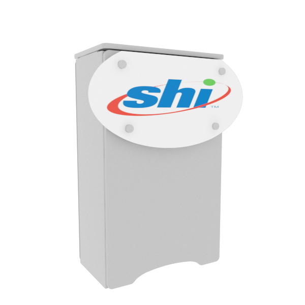 White rectangular Shi-branded N3 locking storage counter with rounded top and blue-red logo