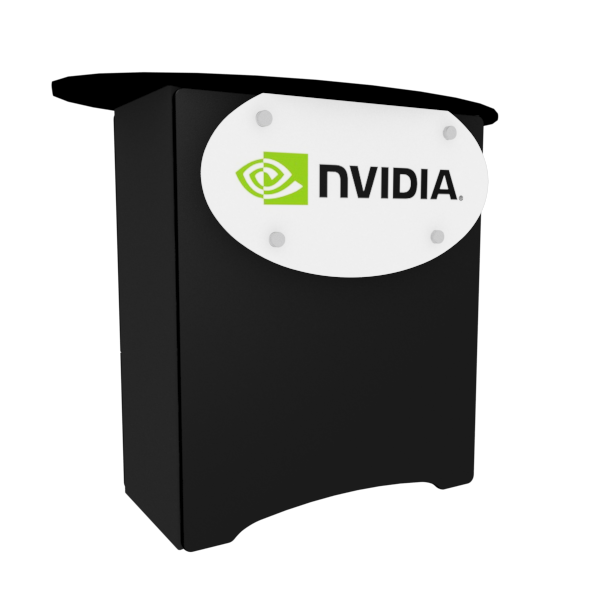 Black NVIDIA-branded stand with green eye logo in N3L Locking Storage Counter