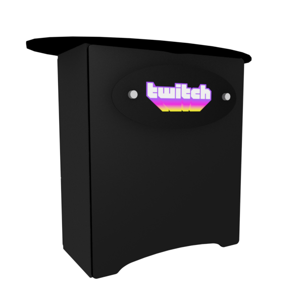 Black Twitch-branded donation box with glowing purple pink logo in N3L Locking Storage Counter