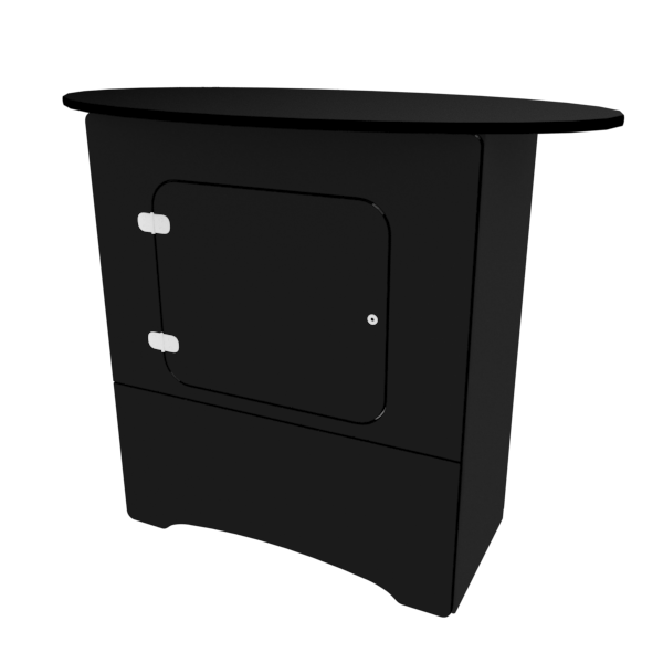 N3L Locking Storage Counter with black wood-burning stove