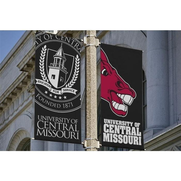 Black University of Central Missouri outdoor pole banners with white emblem and red mascot