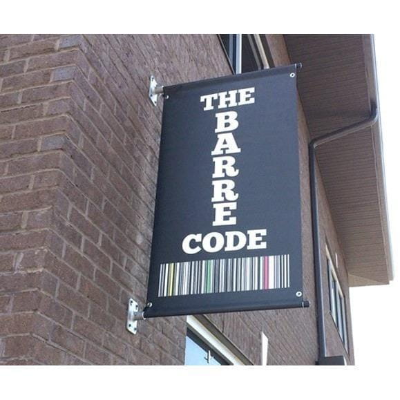 Black Outdoor Pole Banner with The Bare Code Text and Colorful Barcode