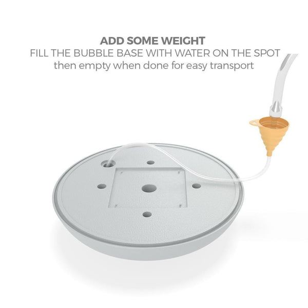 Gray circular bubble base with square cutout, holes and orange funnel for Outdoor Water Base