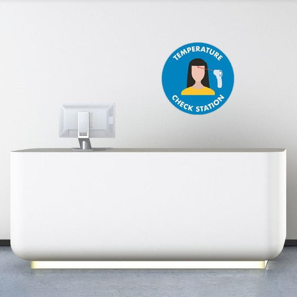 Blue thermometer scan sticker for temperature check station decal