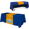 Personalized middle fabric table runners can put the finishing touch on a covered with solid color cover (under throw).