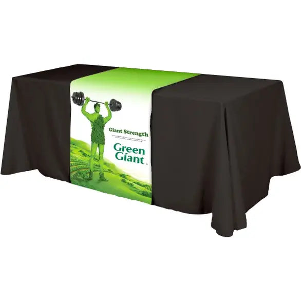 Personalized middle fabric table runners can put the finishing touch on a covered with solid color cover (under throw).
