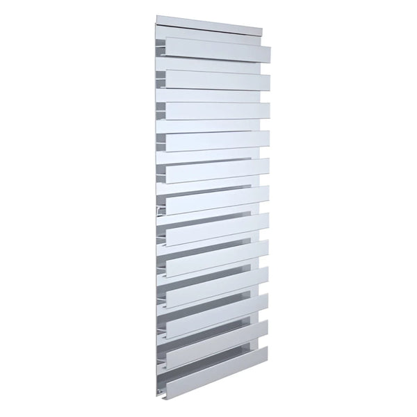 Sleek silver metallic slat radiator on portable wheeled stand