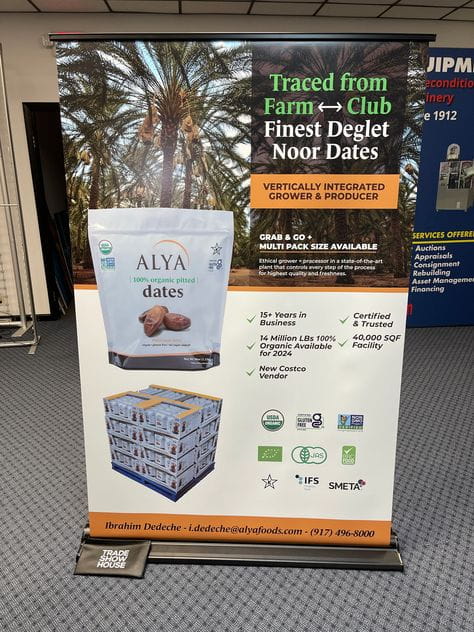 Alya 100% organic pitted dates in white bag with clear window, on 48-inch banner stand